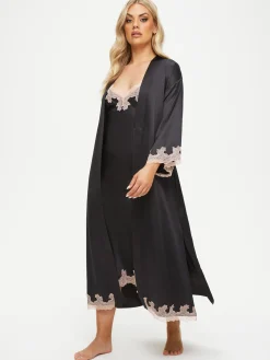 Sorella Satin Lace Trim Maxi Robe - Black