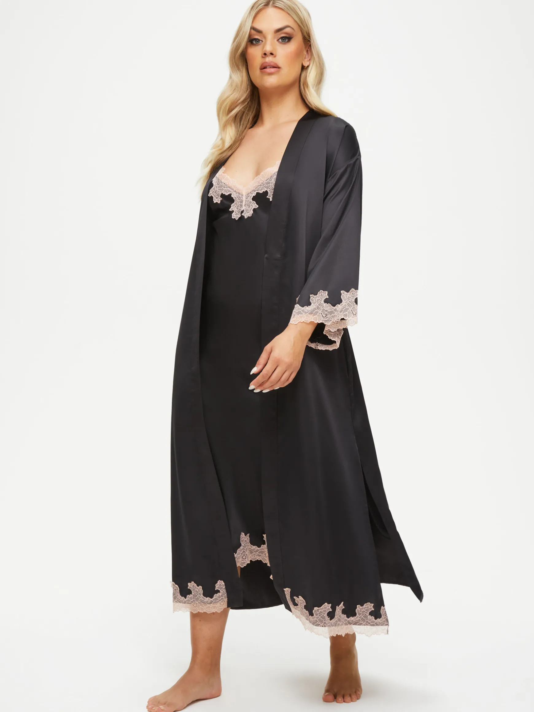 Sorella Satin Lace Trim Maxi Robe - Black