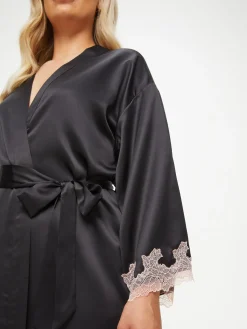 Sorella Satin Lace Trim Maxi Robe - Black