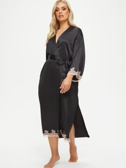 Sorella Satin Lace Trim Maxi Robe - Black