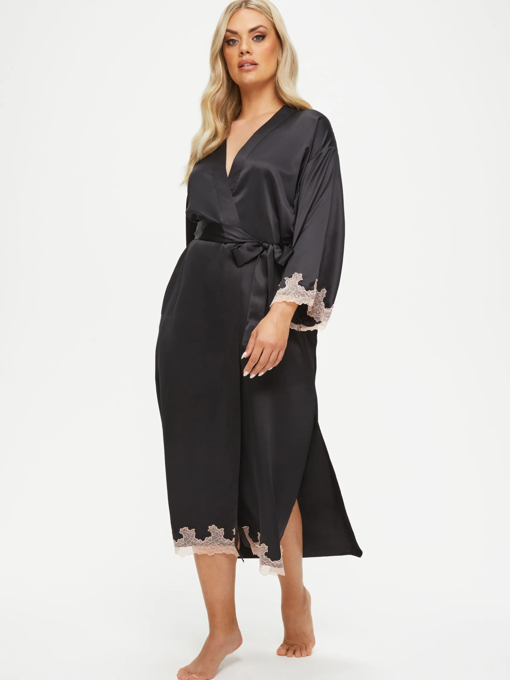 Sorella Satin Lace Trim Maxi Robe - Black
