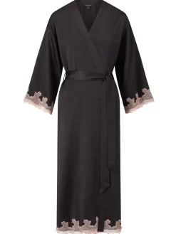 Sorella Satin Lace Trim Maxi Robe - Black