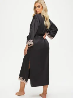 Sorella Satin Lace Trim Maxi Robe - Black