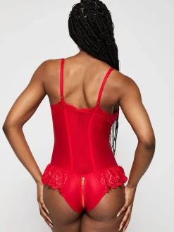 Tasha PU Peep Hole Zip Through Crotchless Teddy Lingerie - Red