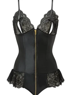 Tasha PU Peep Hole Zip Through Crotchless Teddy Lingerie - Black