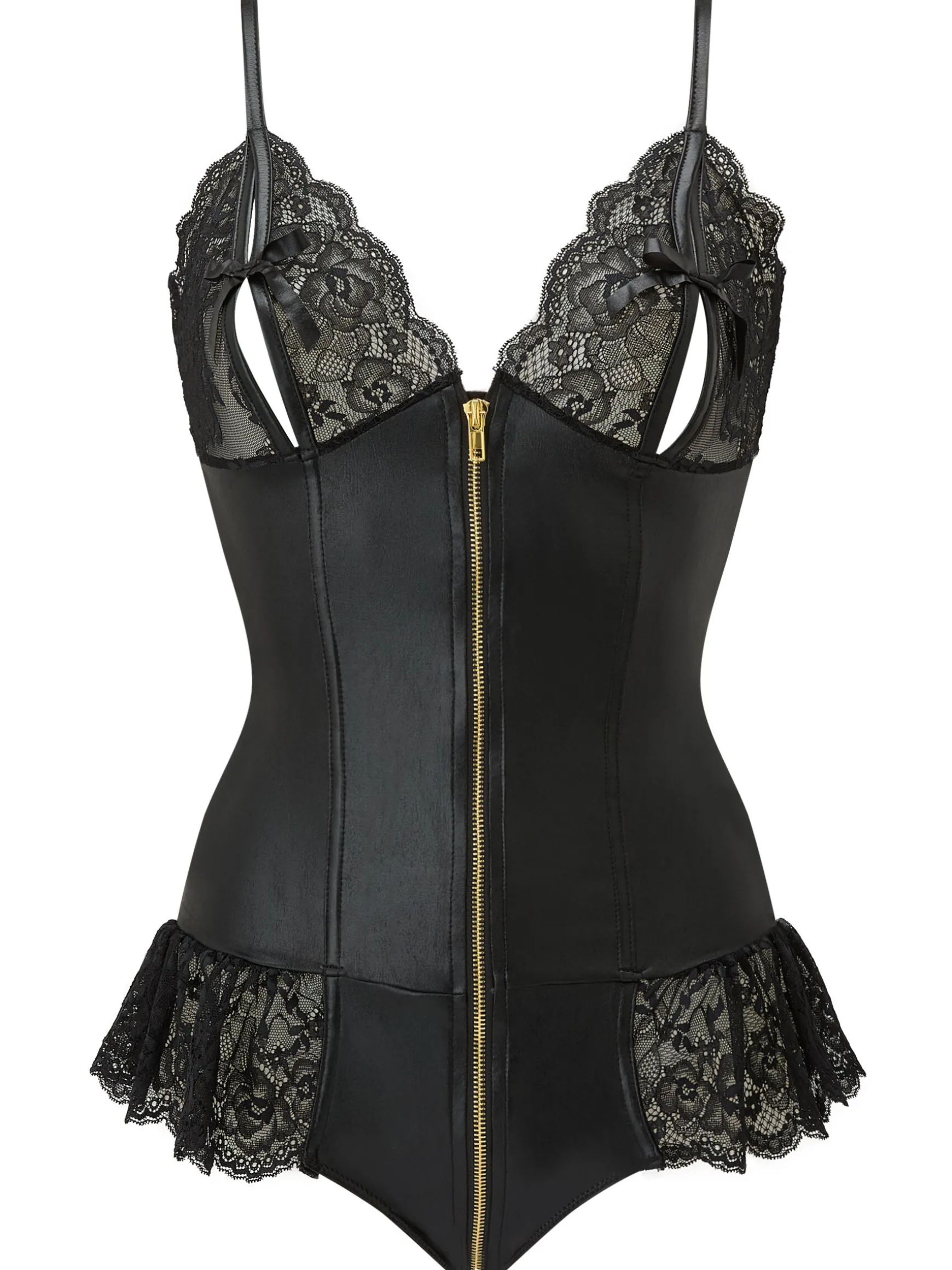 Tasha PU Peep Hole Zip Through Crotchless Teddy Lingerie - Black