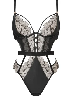 Tempting Touch Embroidered Crotchless Lingerie Body - Black