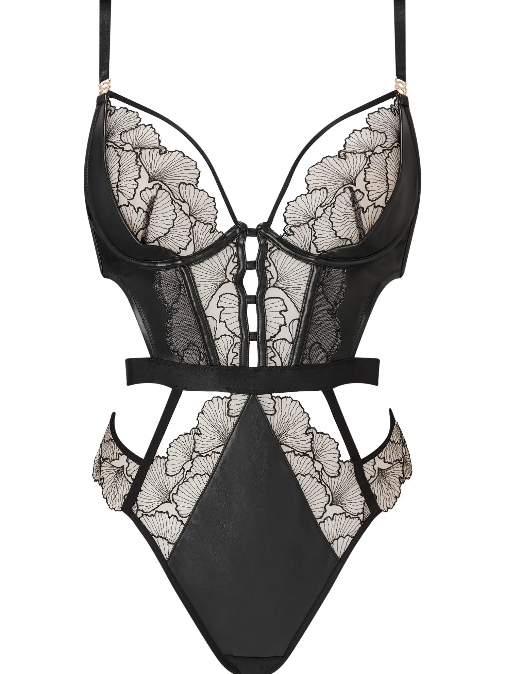 Tempting Touch Embroidered Crotchless Lingerie Body - Black