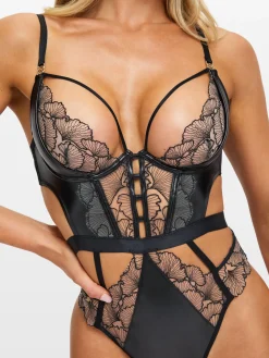 Tempting Touch Embroidered Crotchless Lingerie Body - Black