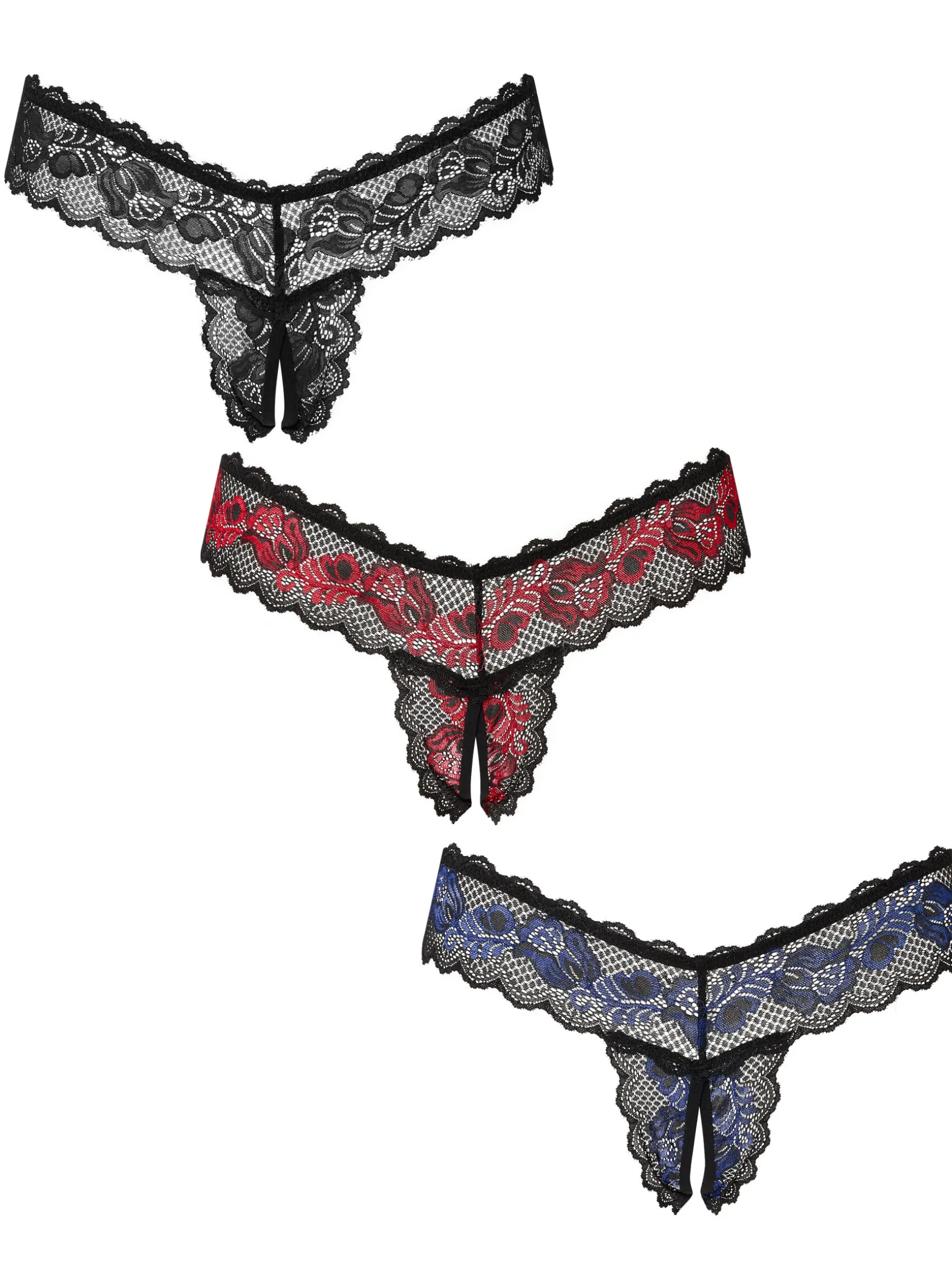 Triple Threat Lace Crotchless Thong - Pack of 3 - Multi