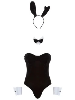 Tuxedo Bunny 4 Piece Costume with Ears & Fishnet Tights - Black