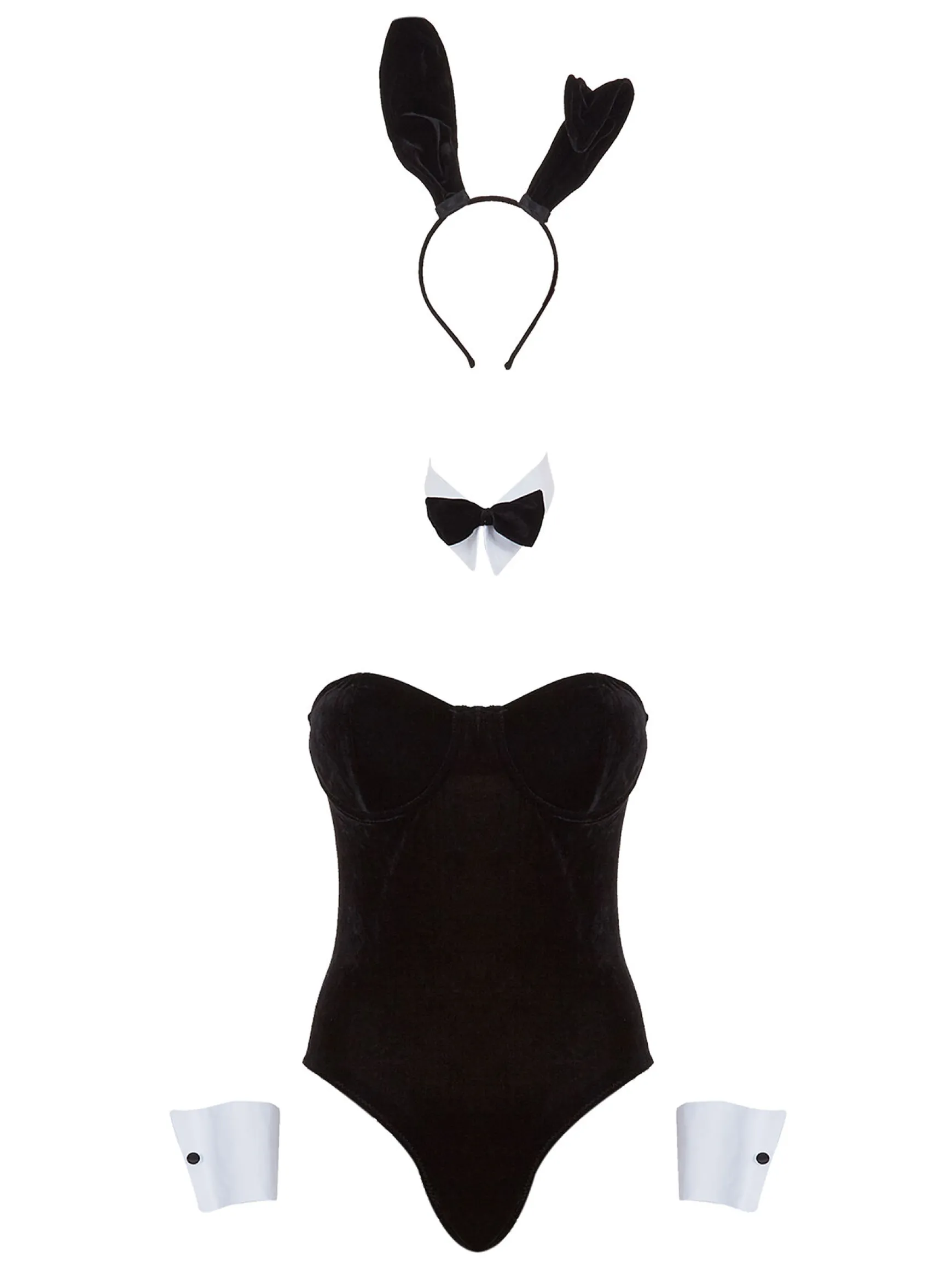 Tuxedo Bunny 4 Piece Costume with Ears & Fishnet Tights - Black