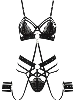 Unleash Me Lace Crotchless Lingerie 3 Piece Set - Black