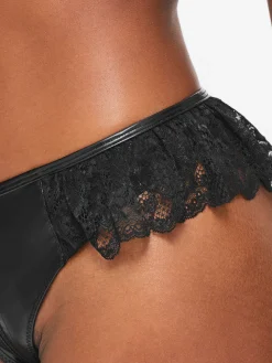 Unzipped PU & Lace Crotchless Brazilian Knickers - Black