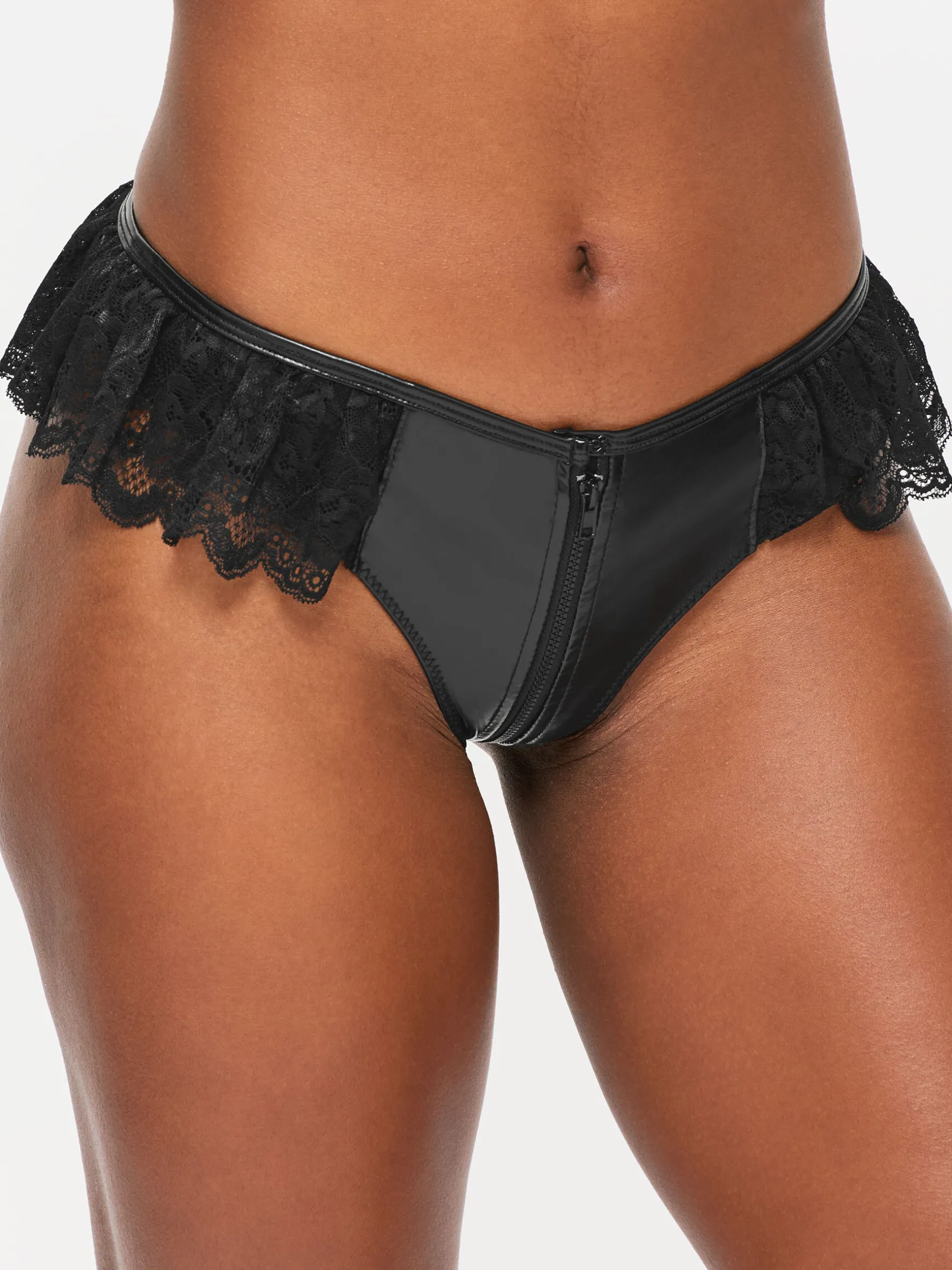 Unzipped PU & Lace Crotchless Brazilian Knickers - Black