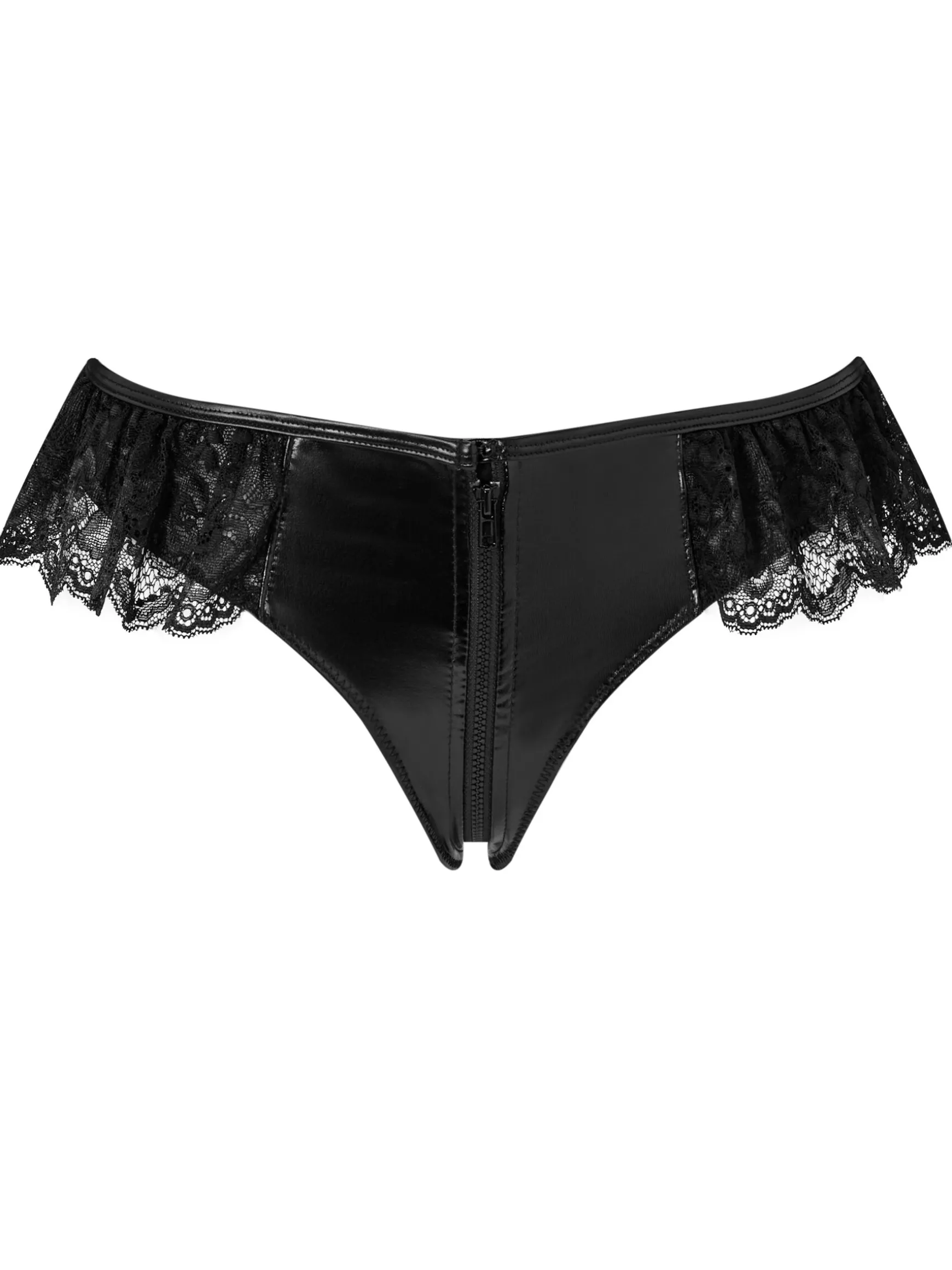 Unzipped PU & Lace Crotchless Brazilian Knickers - Black