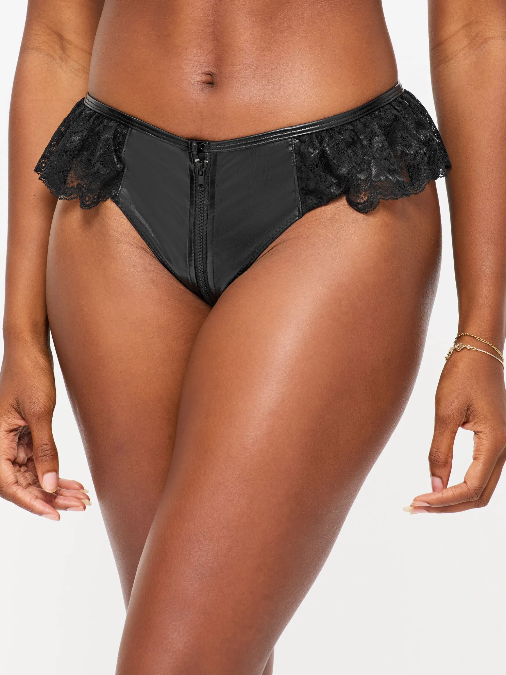 Unzipped PU & Lace Crotchless Brazilian Knickers - Black