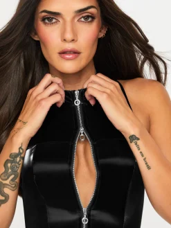 Wicked Temptations Zip Through PU Dress - Black