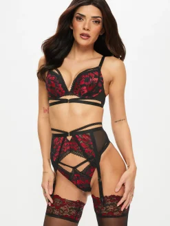 Yours Truly Lace Padded Plunge Bra - Black/Red