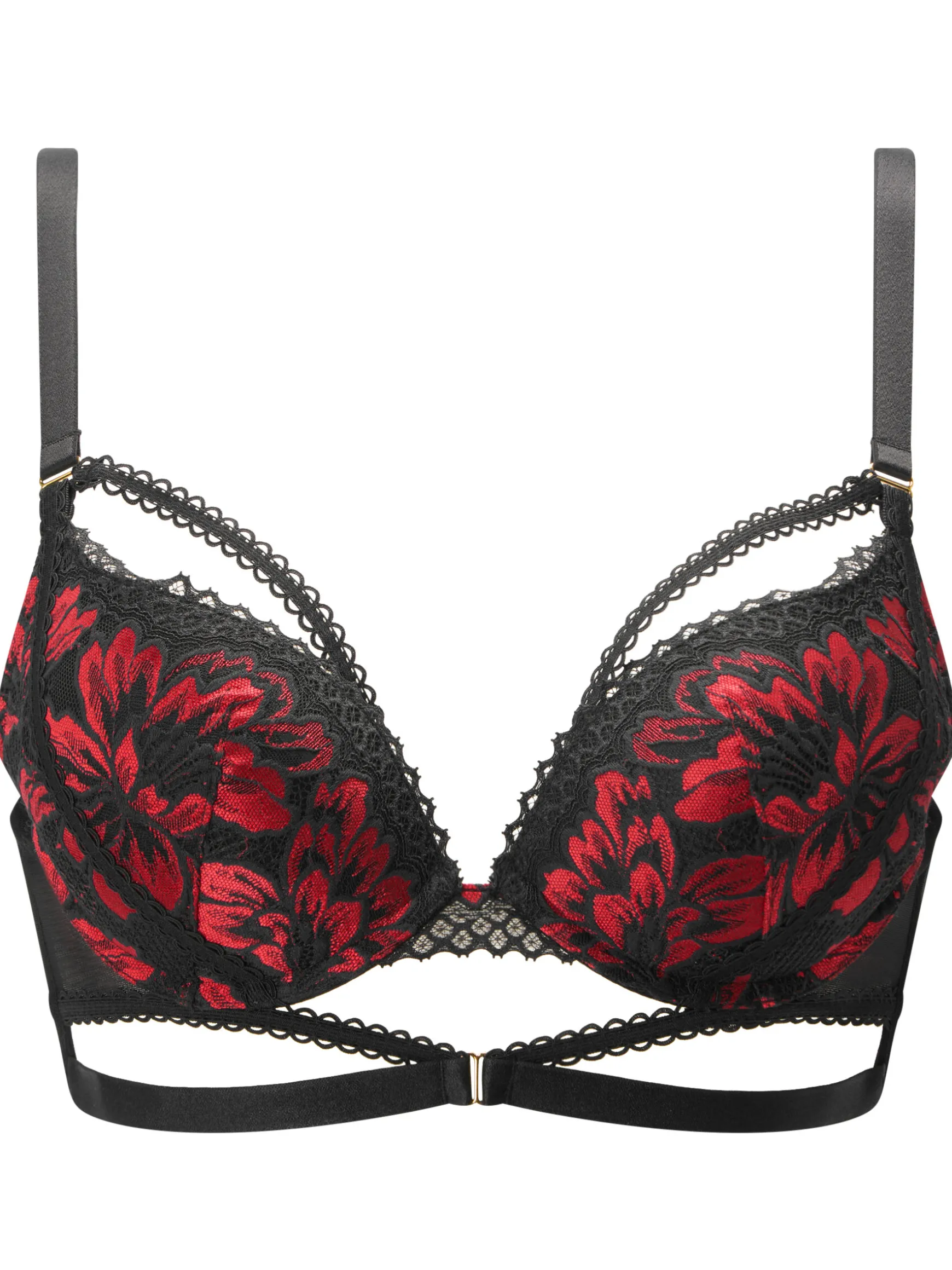 Yours Truly Lace Padded Plunge Bra - Black/Red