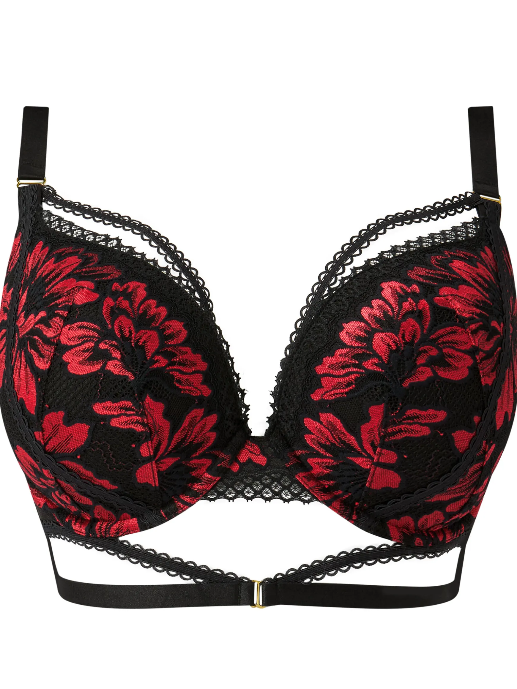 Yours Truly Lace Padded Plunge Bra - Black/Red