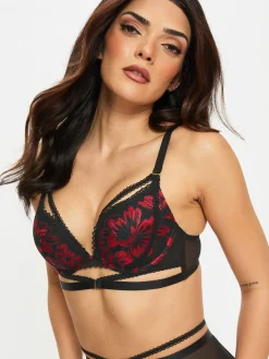 Yours Truly Lace Padded Plunge Bra - Black/Red