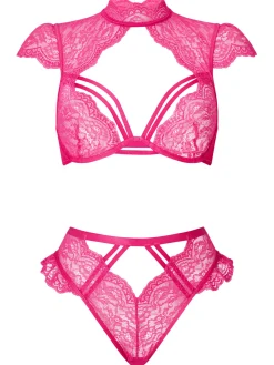 Zalia Lace Crotchless Lingerie 2 Piece Set - Bright Pink